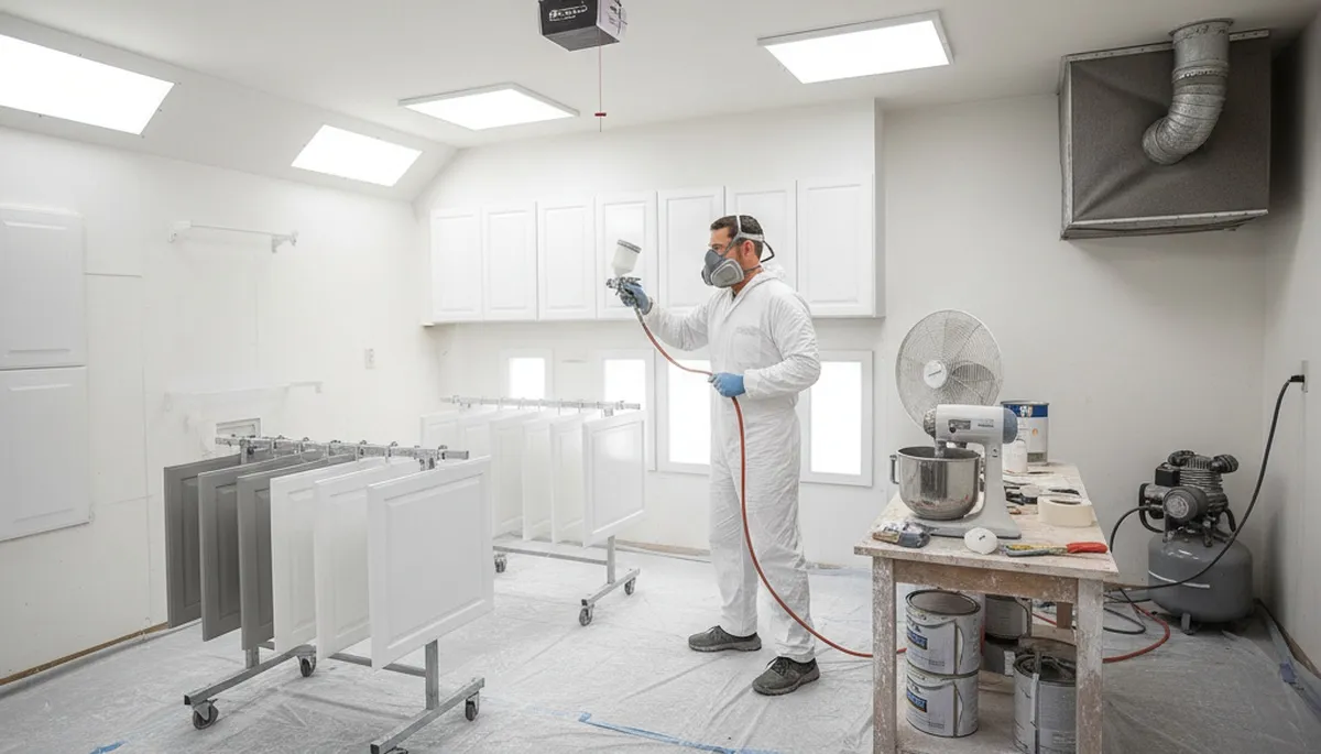 Professional cabinet painting process in Arlington, TX kitchen using spray for smooth, durable finish
