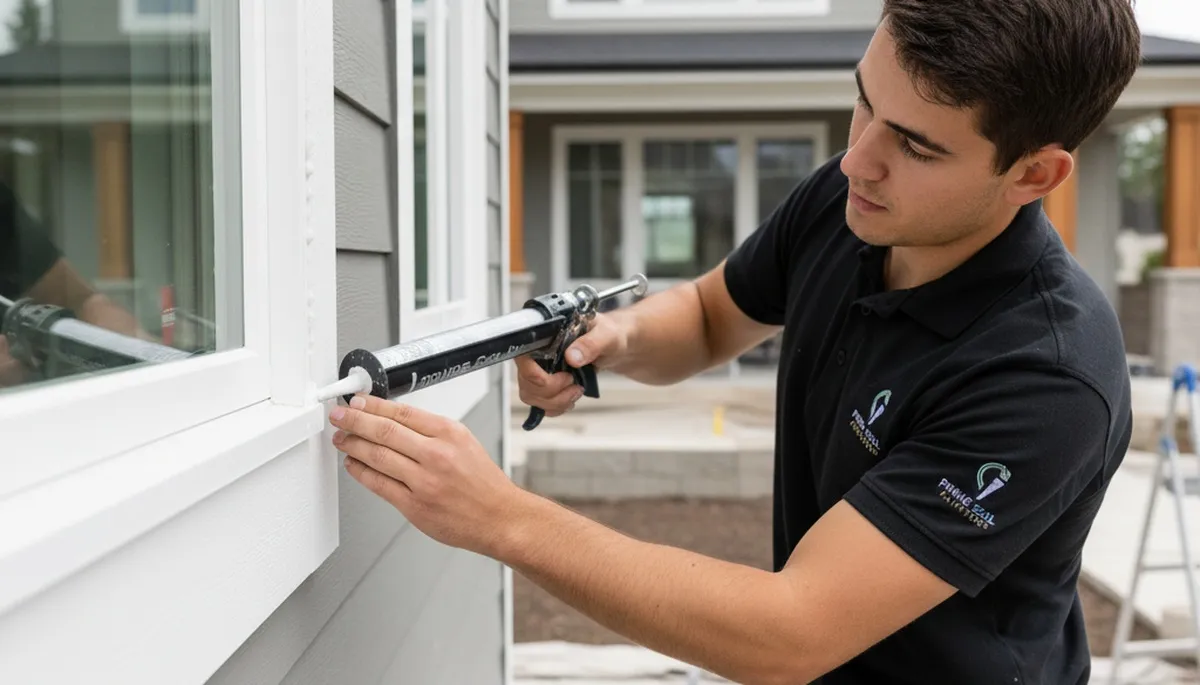 Painter applying exterior caulk and sealant on Arlington TX home for weather protection
