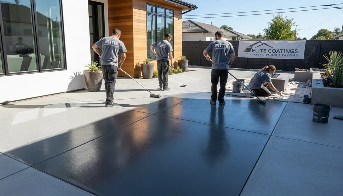 Professional concrete staining on residential patio in Arlington, TX by expert painting contractors