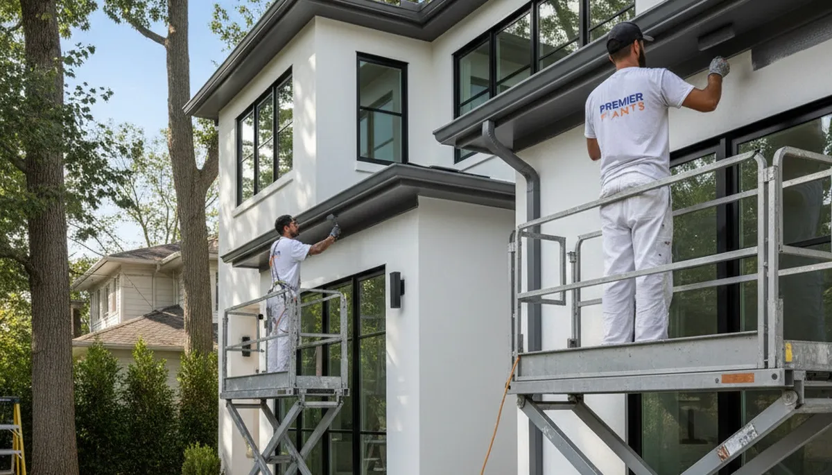 Professional gutter painting on a residential home in Arlington, TX by expert house painters