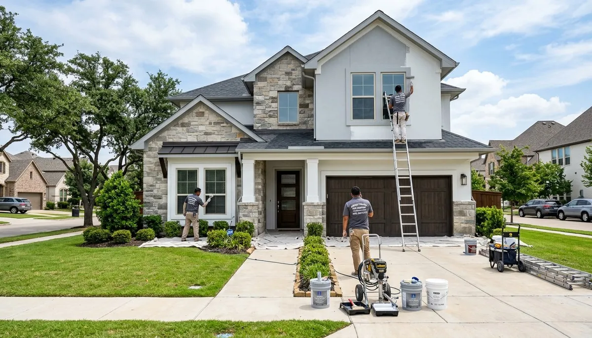 Professional house painters working on residential exterior in Arlington TX