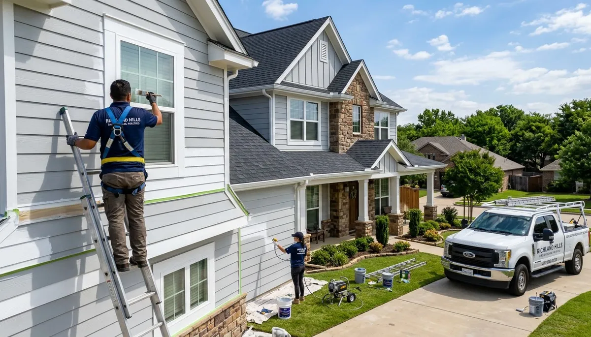 Professional house painters in Arlington TX applying exterior paint on residential home façade