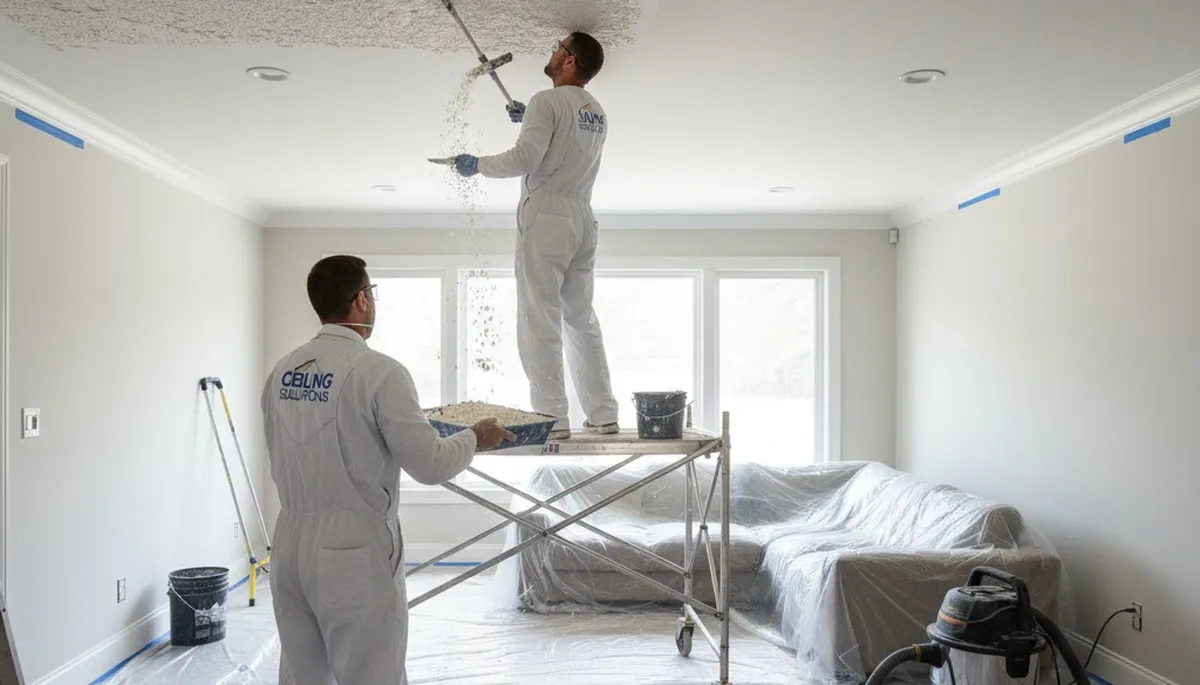Professional popcorn ceiling removal in Arlington, TX with smooth modern ceiling finish